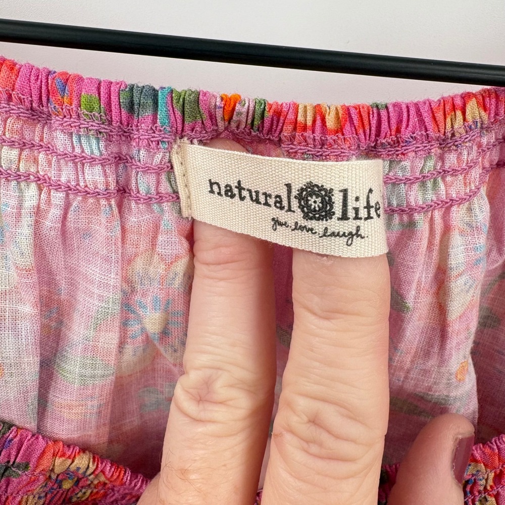 Natural Life XS Pink Floral Cotton Cap Sleeve Boho Blouse Top - Picture 2 of 7